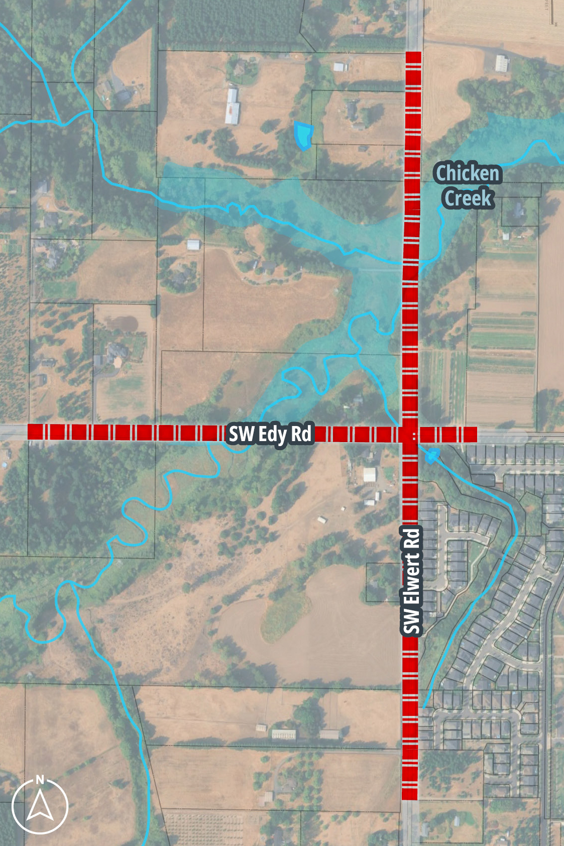 Map of Alternative 2 for alignment of Elwert and Edy roads
