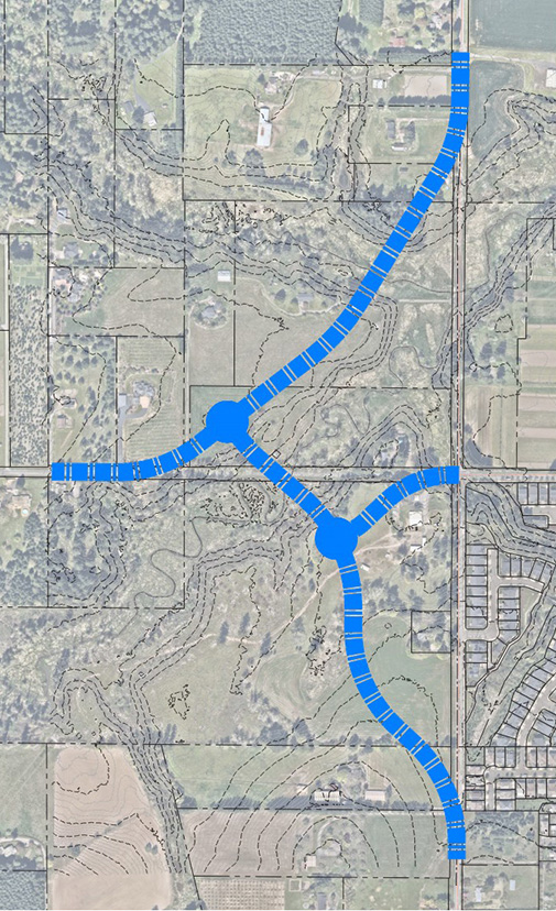 "Map showing route of first proposed realignment of Elwert/Edy roads"