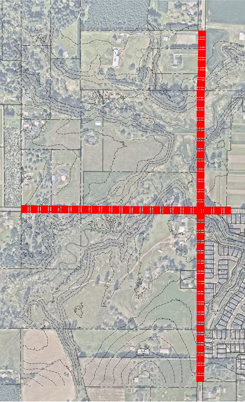 "A map showing a second possible alignment for Elwert and Edy roads. This one does not change the original paths of the roads."