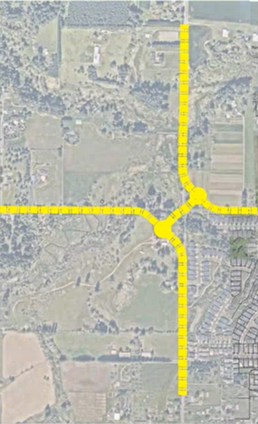 "a third alignment alternative that makes use of two roundabouts for traffic between Elwert and Edy roads"